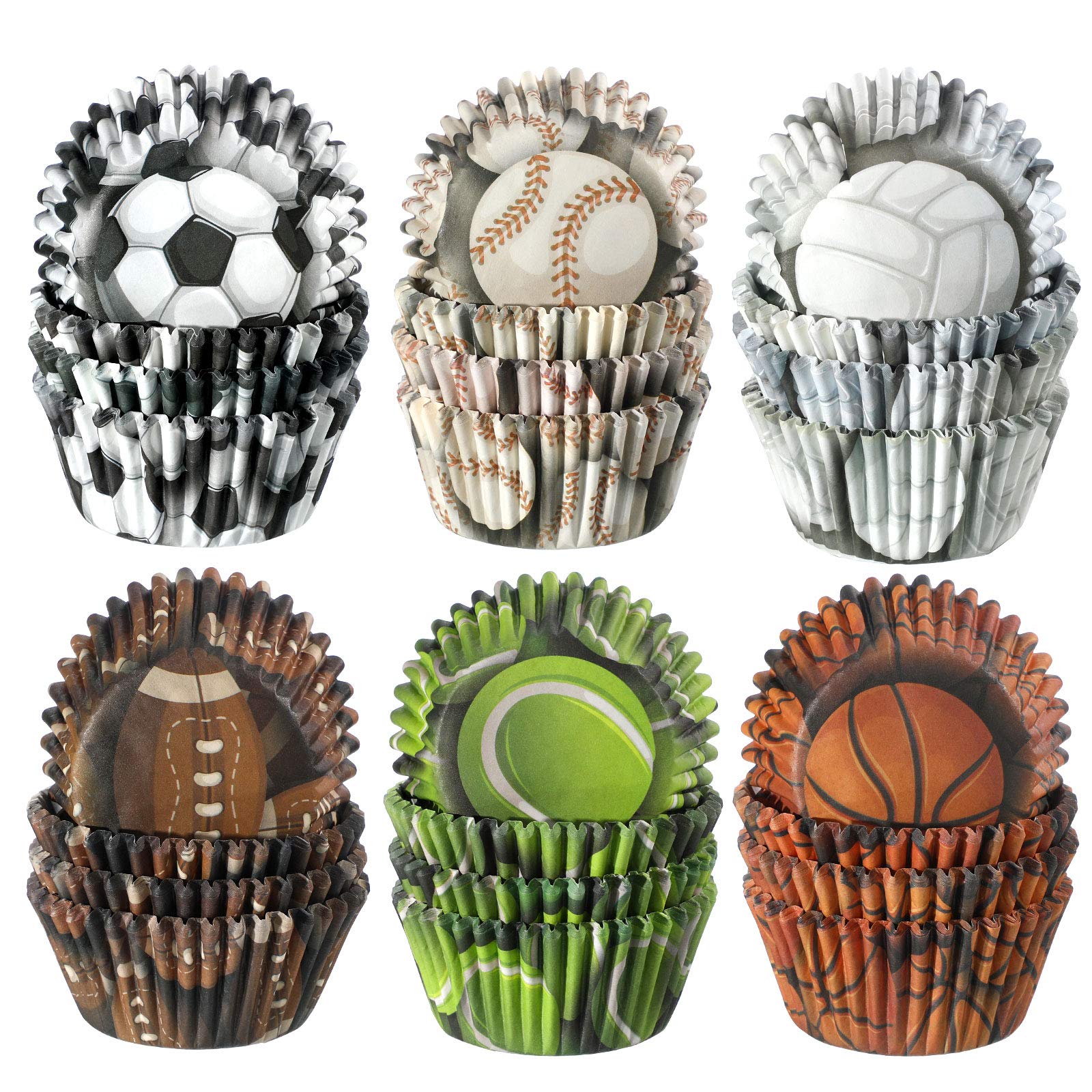 600 Pieces Sports Theme Party Cupcake Liners Basketball Football Volleyball Baseball Rugby Tennis Baking Cups Cupcake Wrappers Muffin Case Trays for Sports Theme Party Decorations