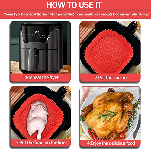 yallcaty 2 Pack Air Fryer Silicone Liners,8 Inch Silicone Air Fryer Liner Pot Square Large for 4qt-6qt,Food Grade Reusable Liners of Air Fryer Basket for Ninja Cosori Instant Baking Accessories