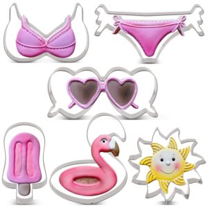 liliao summer beach cookie cutter set - 6 piece - sun, flamingo float, popsicle, heart sunglasses and bikini biscuit cutters - stainless steel
