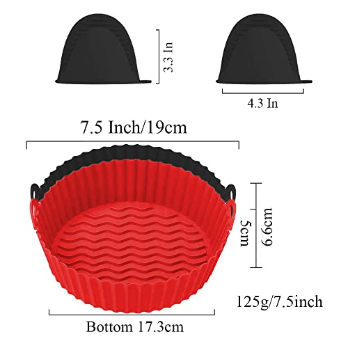 2 Pcs Air Fryer Silicone Liners Pot for 4 to 7 QT - 8 Inch Reusable Air Fryer Liners with 1 Pack of Black Silicone Mitt - Replacement of Flammable Parchment Liner Paper (Black & Red)