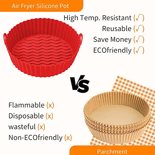 2 Pcs Air Fryer Silicone Liners Pot for 4 to 7 QT - 8 Inch Reusable Air Fryer Liners with 1 Pack of Black Silicone Mitt - Replacement of Flammable Parchment Liner Paper (Black & Red)