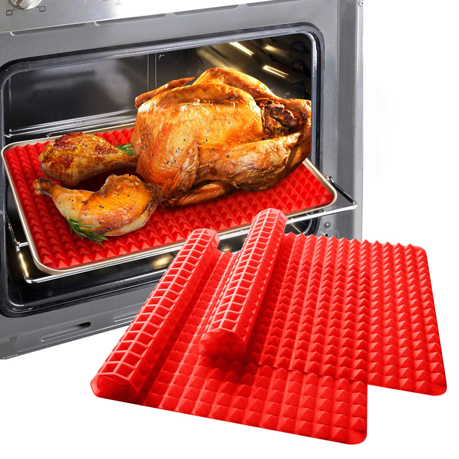 Silicone Baking Mat Cooking Pan 2 Pack Large 16“x11" Small 6.7"x6.7" Non-Stick Healthy Fat Reducing Sheet For Oven Grilling BBQ (2 Pack-Red Large)