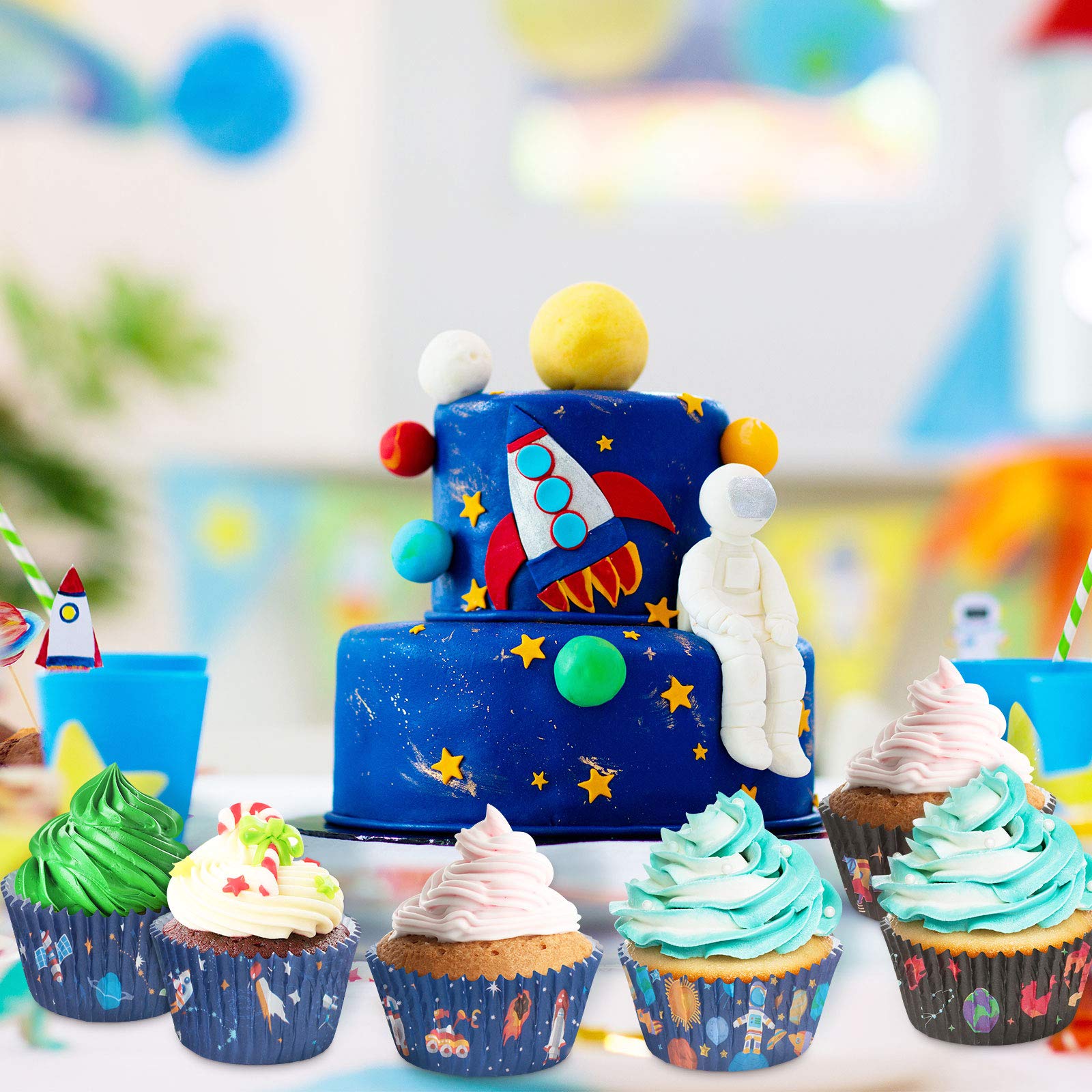 600 Pieces Space Adventure Cupcake Liners Outer Space Planet Rocket Astronaut Baking Cups Cupcake Wrappers Wraps Muffin Case Trays for Outer Space Theme Birthday Party Supplies
