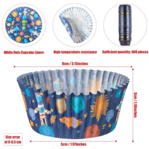 600 Pieces Space Adventure Cupcake Liners Outer Space Planet Rocket Astronaut Baking Cups Cupcake Wrappers Wraps Muffin Case Trays for Outer Space Theme Birthday Party Supplies