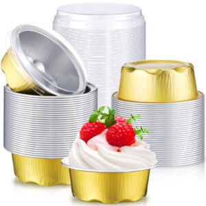 150 pcs baking cups with lids, 1.6 oz muffin cupcake liners aluminum foil mini cake pans small disposable ramekins flan containers with lids for weddings, birthday, various holiday (gold)
