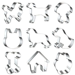 9 pcs dog cookie cutters set, assorted dog shape metal cookie cutters, bone, dog paw, corgi, labrador, rottweiler, sheepdog shape cookie cutters molds for baking dog party supplies, silver, standard