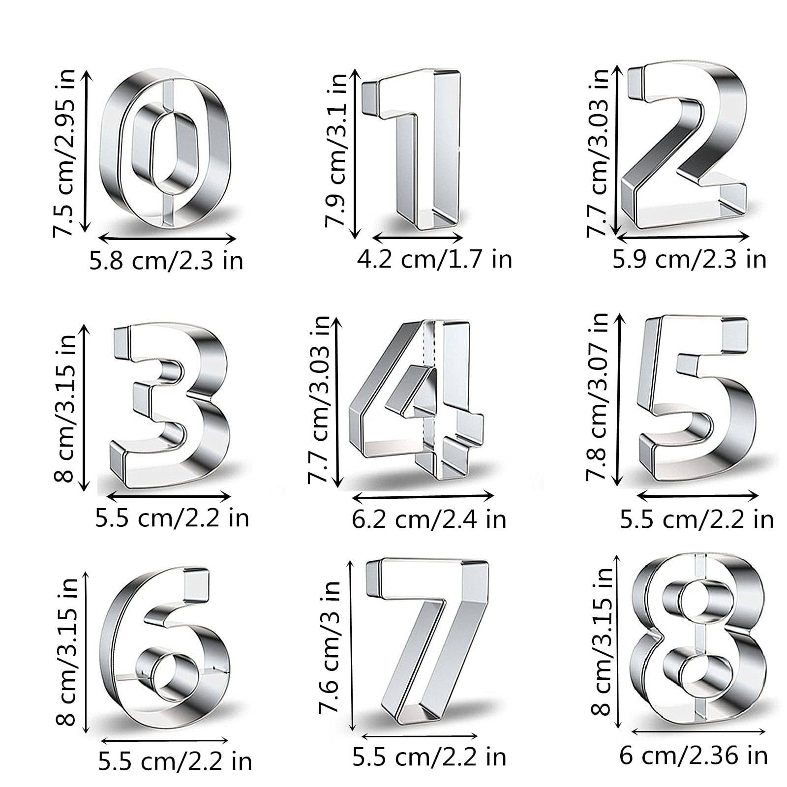 Number Shaped Cookie Cutters Set of 9 pcs, Stainless Steel 0 to 8 Fondant Cutter Molds Baking DIY (6 Switch to 9) (Round Angle)