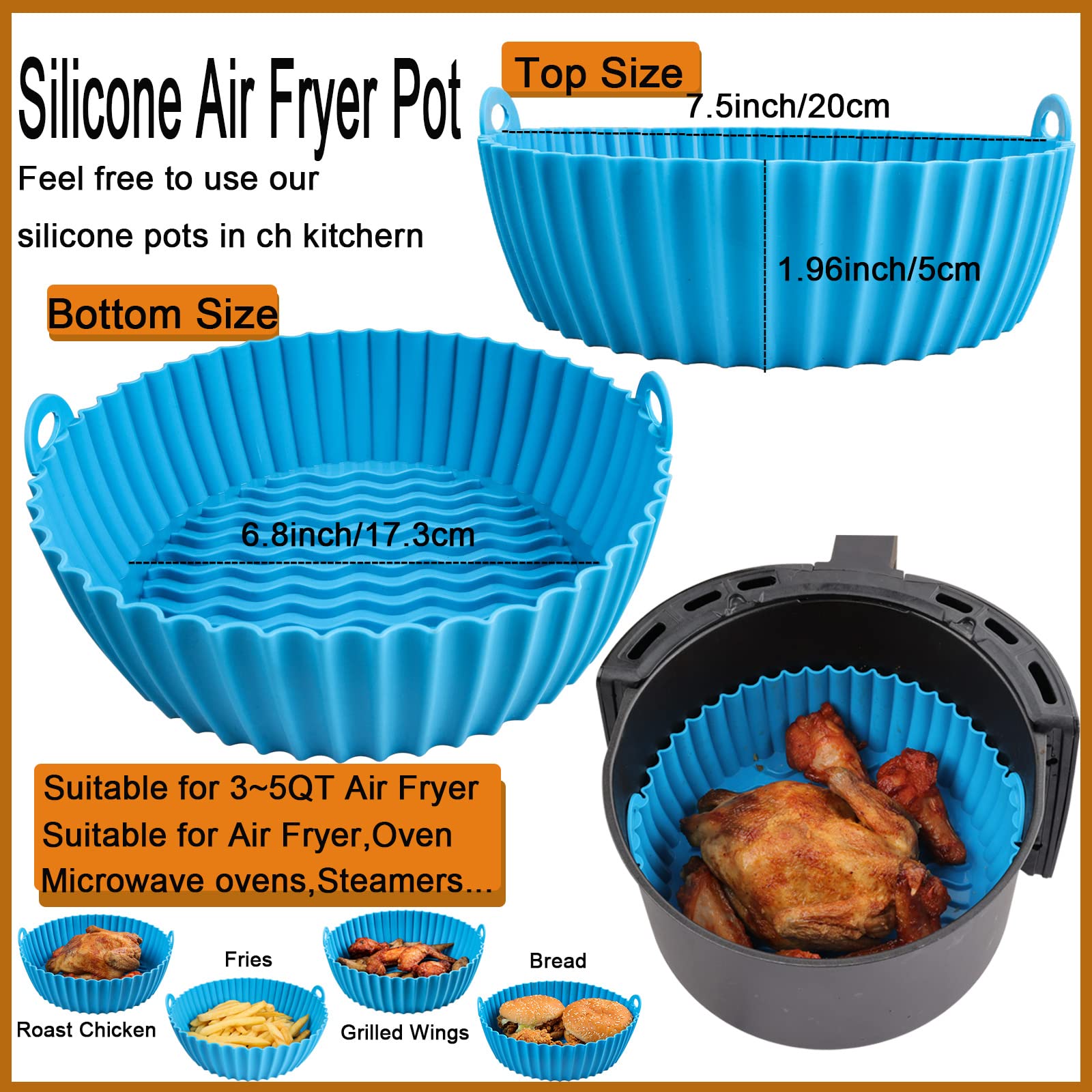 Air Fryer Silicone Pot 7.5 inch Air Fryer Oven Accessories,Food Safe Air fryers Oven Accessories, Replacement for Flammable Parchment Liner Paper (7.5inch, red+blue)
