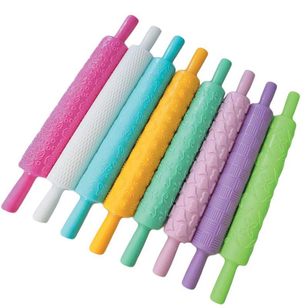 8pcs Colourful Cake Decorating Embossed Rolling Pins,Textured Non-Stick Designs and Patterned,Ideal for Fondant, Pie Crust,Cookie,Pastry,Icing,Clay,Dough