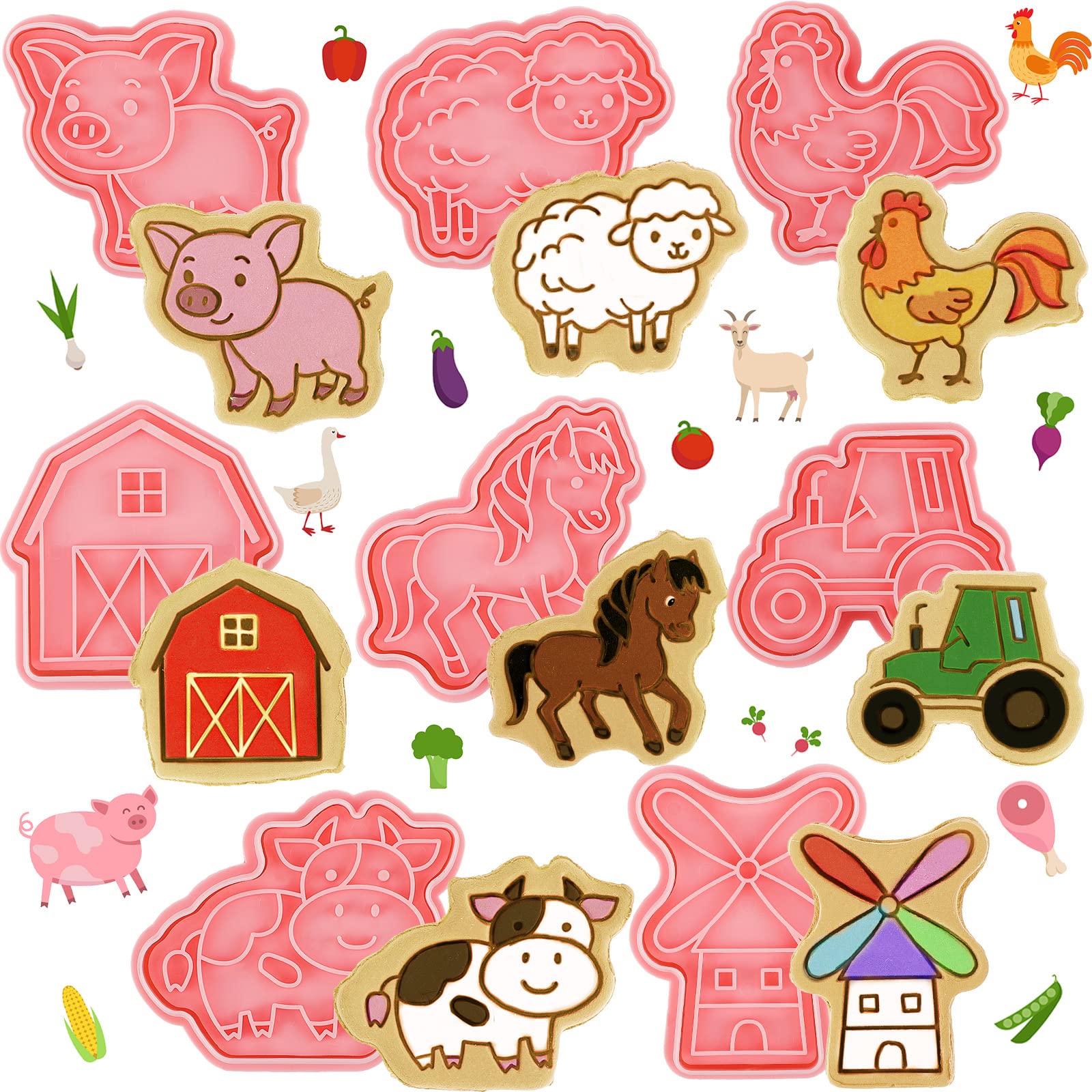 8 Pcs Farm Animal Cookie Cutters with Plunger Stamps Set 3D Pig Chicken Sheep Cow Horse Truck Cookie Stamp and Cutter Funny Cartoon Farm Theme Biscuit Baking Mold for Treats DIY Cookie Cake Supplies