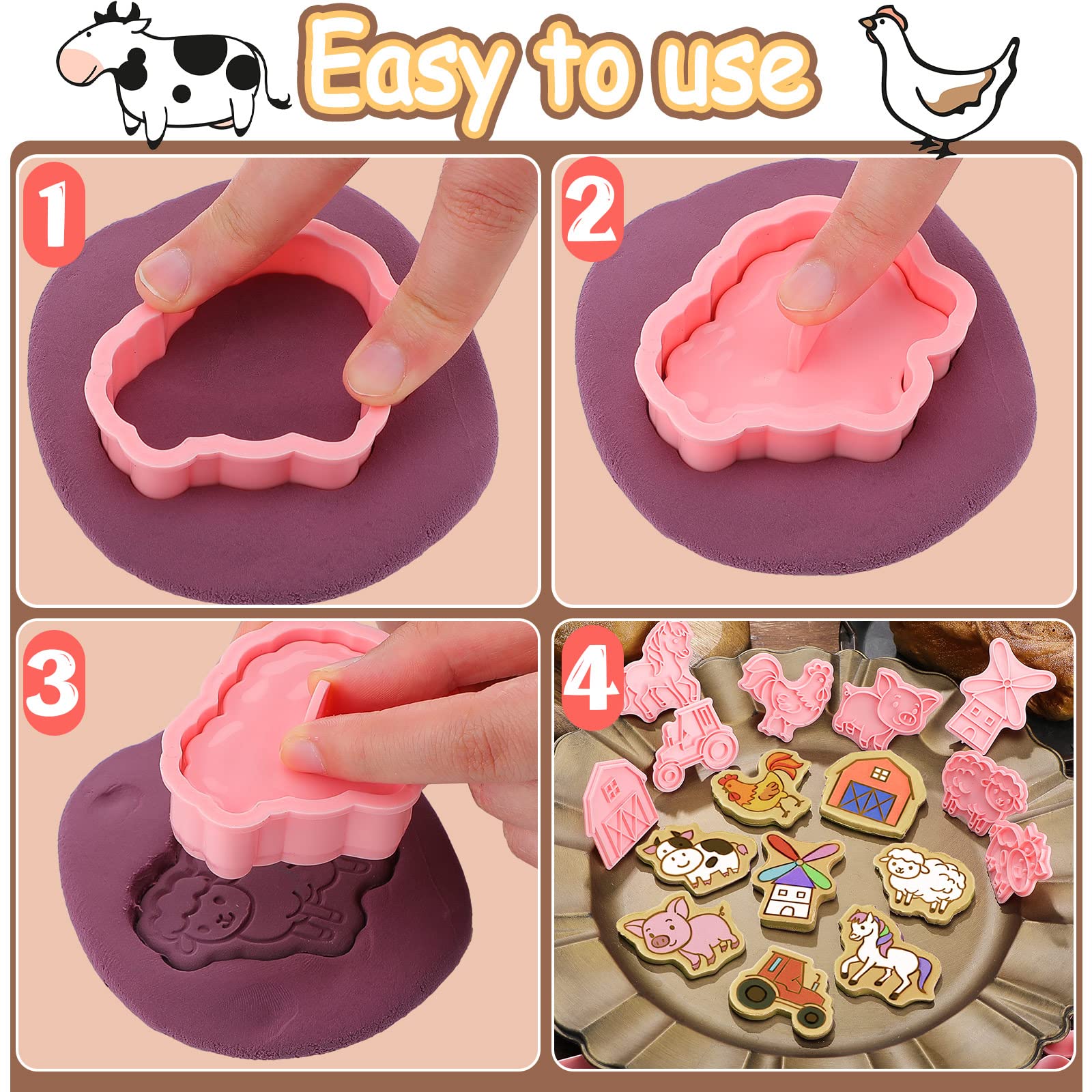 8 Pcs Farm Animal Cookie Cutters with Plunger Stamps Set 3D Pig Chicken Sheep Cow Horse Truck Cookie Stamp and Cutter Funny Cartoon Farm Theme Biscuit Baking Mold for Treats DIY Cookie Cake Supplies