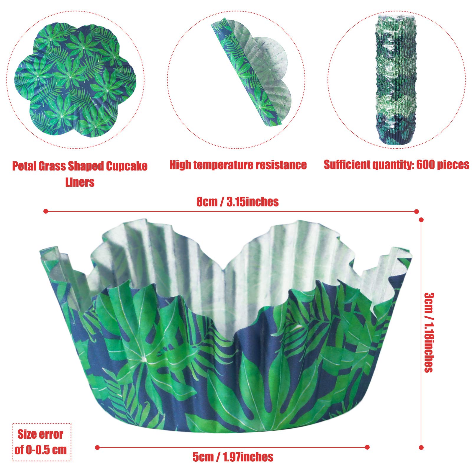 600 Count Tropical Hawaiian Themed Cupcake Liners Palm Leaf Cupcake Baking Cups Tiki Luau Parties Muffin Wrappers Hawaiian Paper Wraps Muffin Case Trays for Hawaiian Luau Summer Party Decor