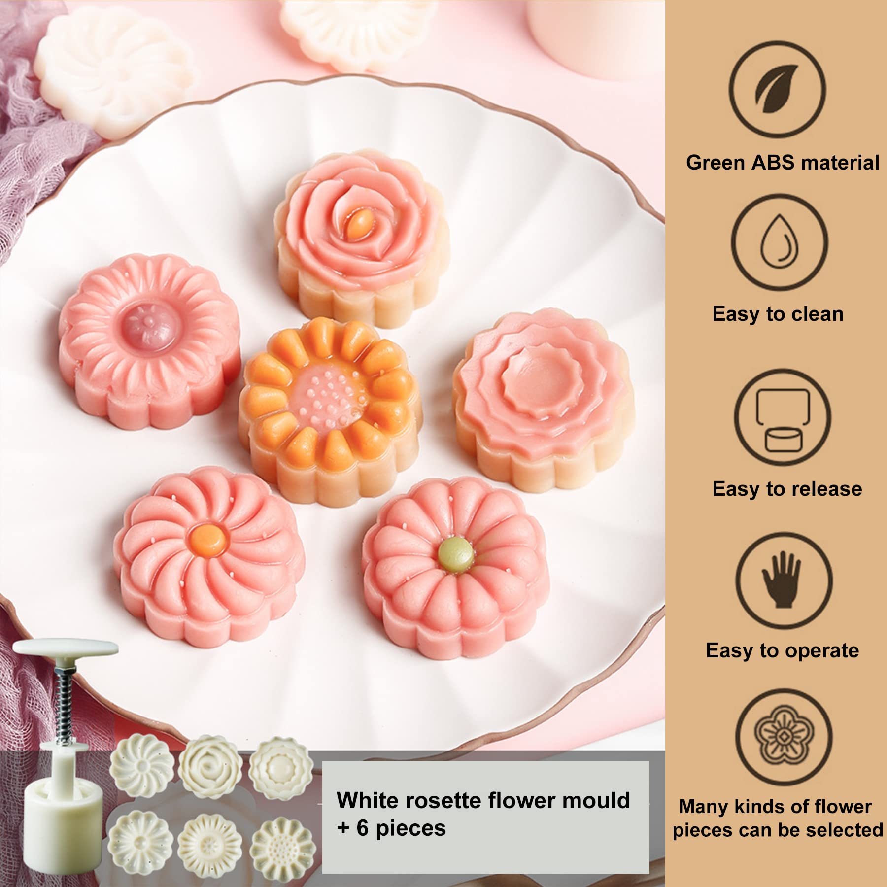 LIUDHPSP Moon Cake Mould Set,Includes12 pcs Sakura flower pattern base and 2 Pieces Bath Bombs Press,Mid Autumn Festival DIY Hand Press Cookie Stamps Pastry Tool Moon Cake Maker(50g) White L