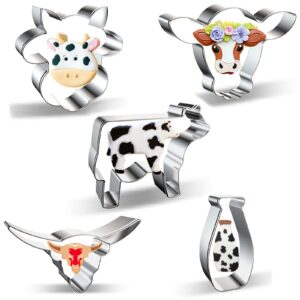 cow cookie cutter set - 5 piece stainless steel farm/farmhouse animal cookie cutters shapes milk bottle, longhorn, bull, cow head, cow/steer face cutters molds for making cookies, biscuit, fondant
