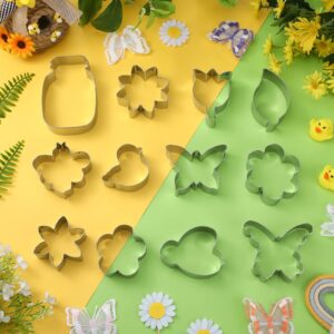 12 Pieces Flower Cookie Cutters Spring Cookie Cutters Set Jar Bee Butterfly Cherry Blossoms Tulip Flower Green Leaves Cookie Cutters Fondant Biscuit Cutters for Spring Holiday Summer Party Supplies