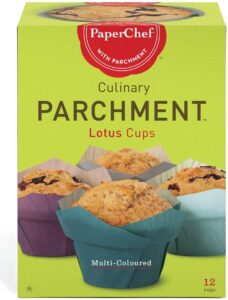 paperchef baking cup: lotus-shaped cupcake and muffin liners, nonstick parchment papers, tin and ramekin liner, 4 elegant colors, biodegradable paper supplies, kosher-certified, (multicolored, 12 cups