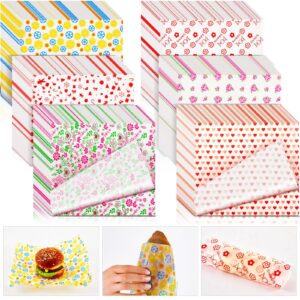 glenmal 9.8x8.5 inch wax paper sheets greaseproof waterproof dry waxed paper sheets floral lemon sandwich wrap paper liner burger bread food basket liners for home picnic kitchen party(600 pcs)