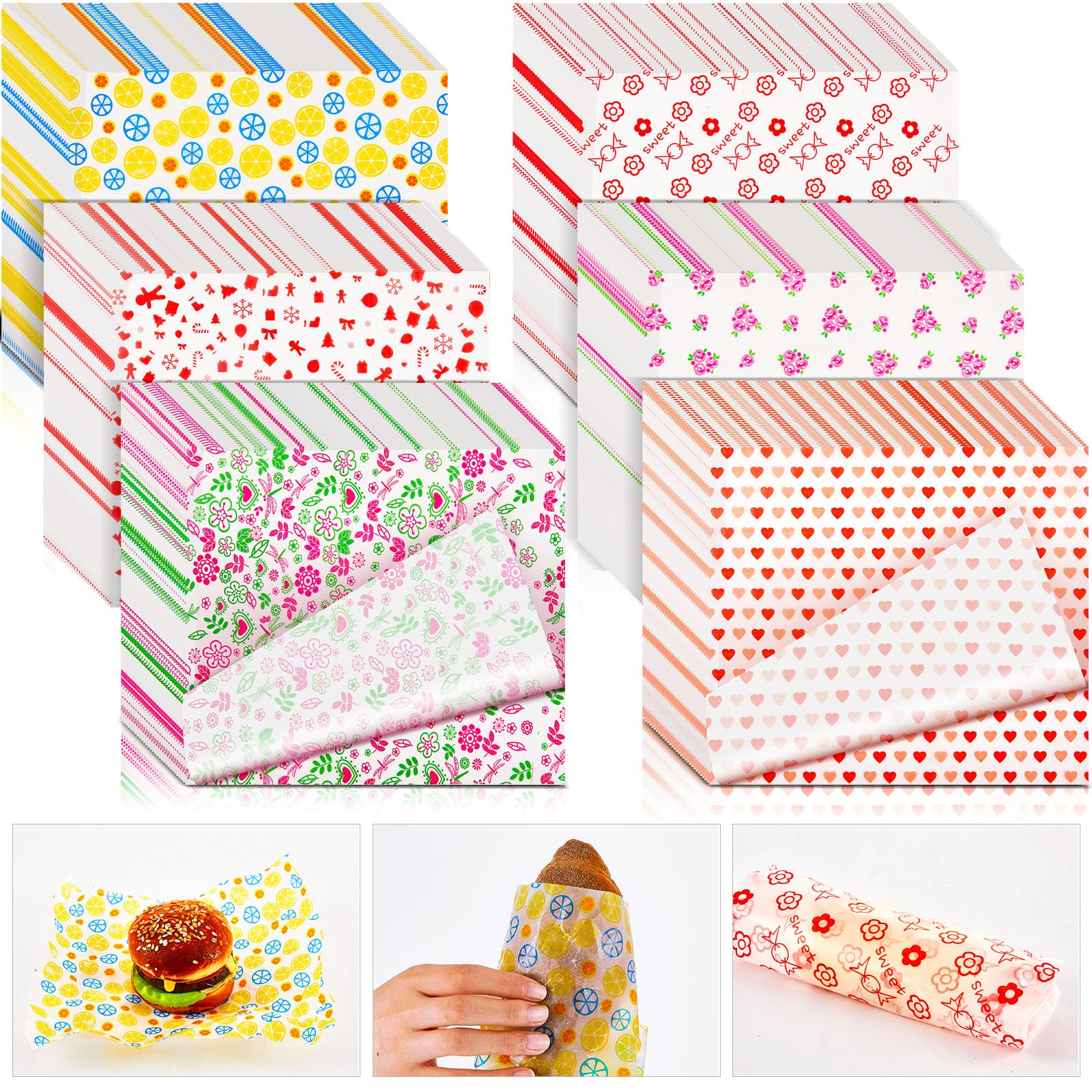 Glenmal 9.8x8.5 Inch Wax Paper Sheets Greaseproof Waterproof Dry Waxed Paper Sheets Floral Lemon Sandwich Wrap Paper Liner Burger Bread Food Basket Liners for Home Picnic Kitchen Party(600 Pcs)