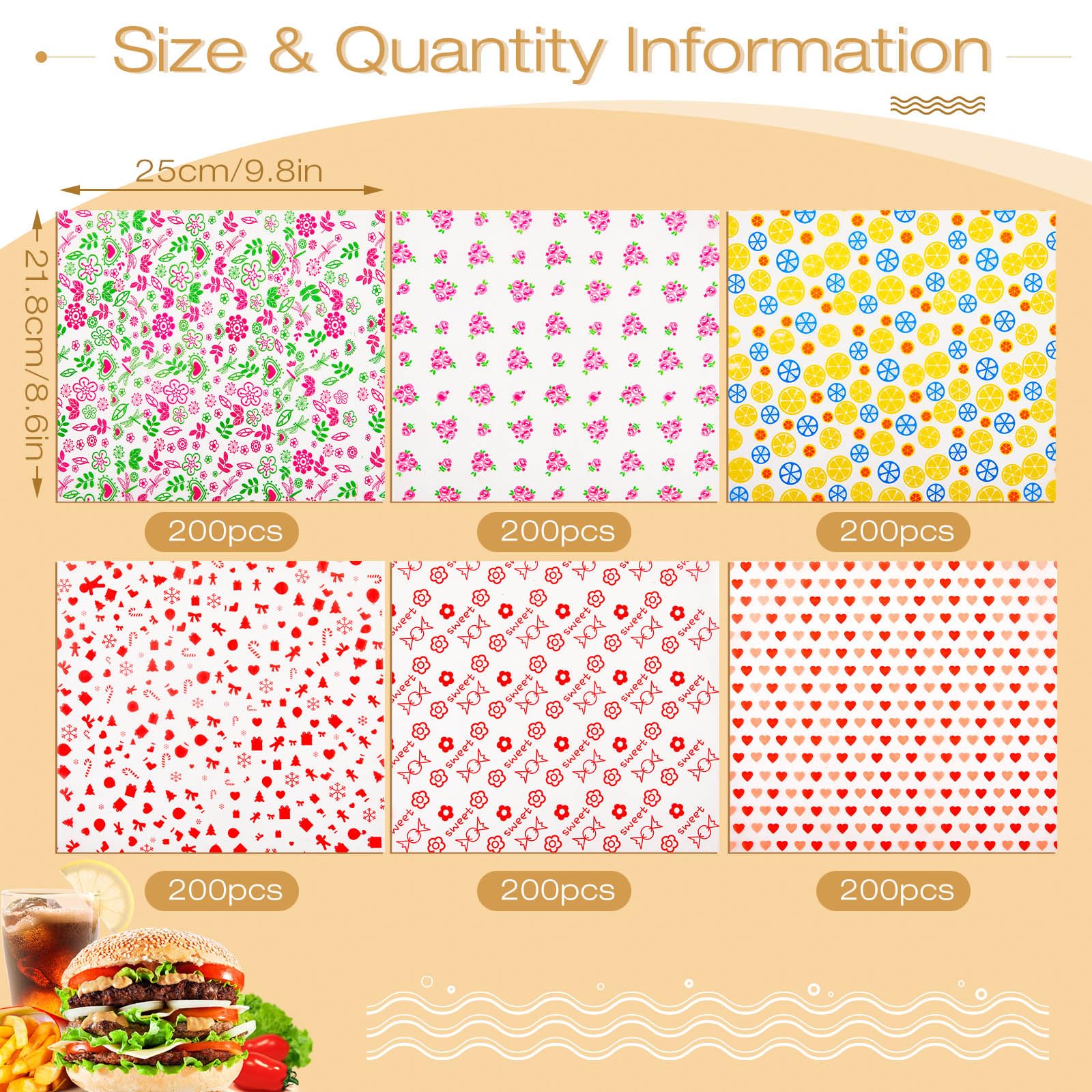 Glenmal 9.8x8.5 Inch Wax Paper Sheets Greaseproof Waterproof Dry Waxed Paper Sheets Floral Lemon Sandwich Wrap Paper Liner Burger Bread Food Basket Liners for Home Picnic Kitchen Party(600 Pcs)