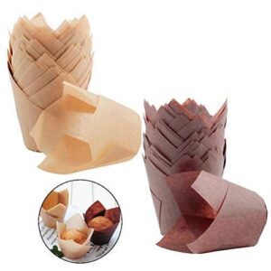 200 Pcs Tulip Cupcake Liners,Cooyeah Baking Cup Holder Muffin Paper Liners Grease Proof Wrappers for Wedding,Birthday Party Brown and Natural Color