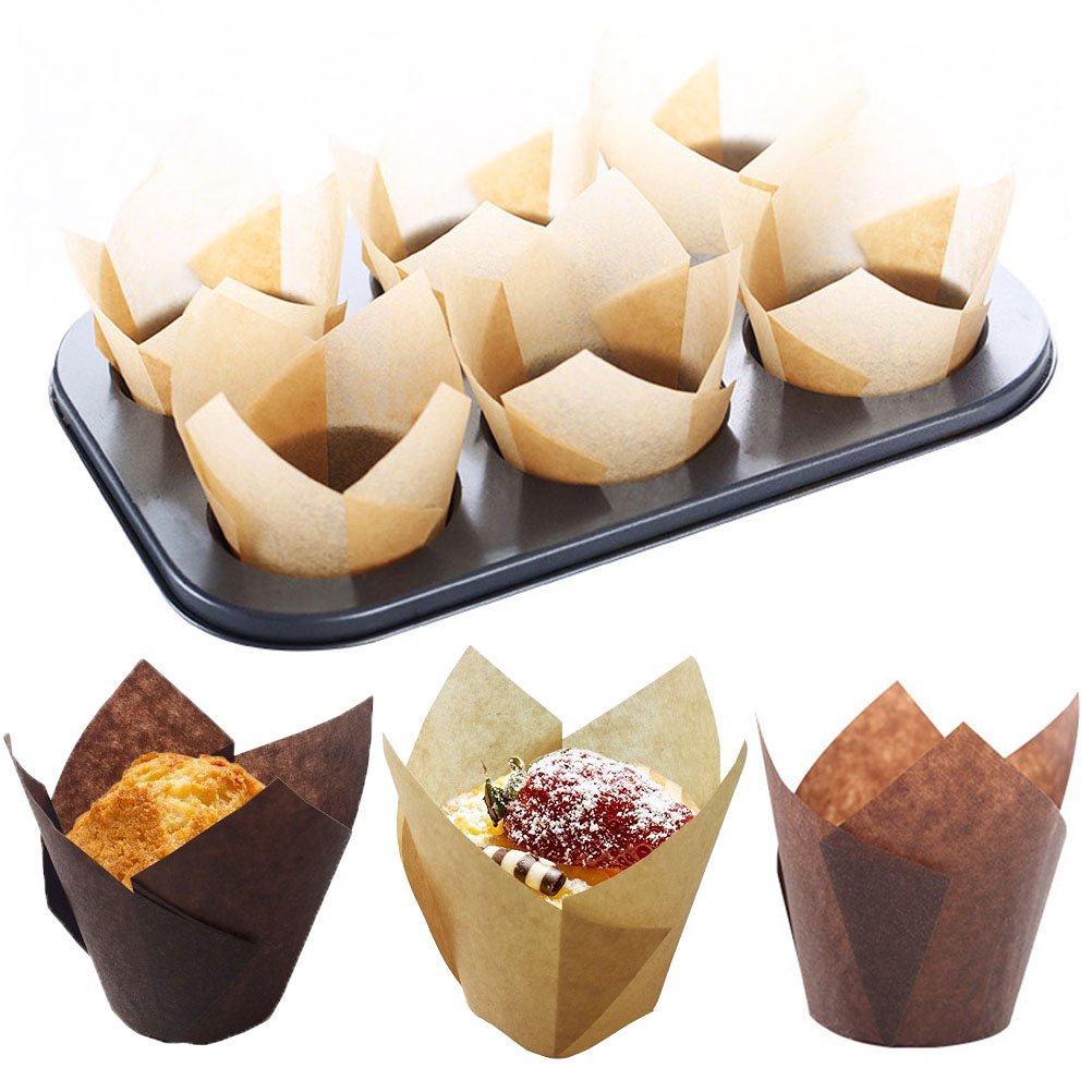 200 Pcs Tulip Cupcake Liners,Cooyeah Baking Cup Holder Muffin Paper Liners Grease Proof Wrappers for Wedding,Birthday Party Brown and Natural Color