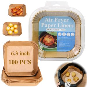 air fryer disposable paper, 100pcs parchment paper liners, non-stick cooking paper, oil resistant, 6.3inch for 3-5qt air fryer baking roasting microwave (6.3in-square)