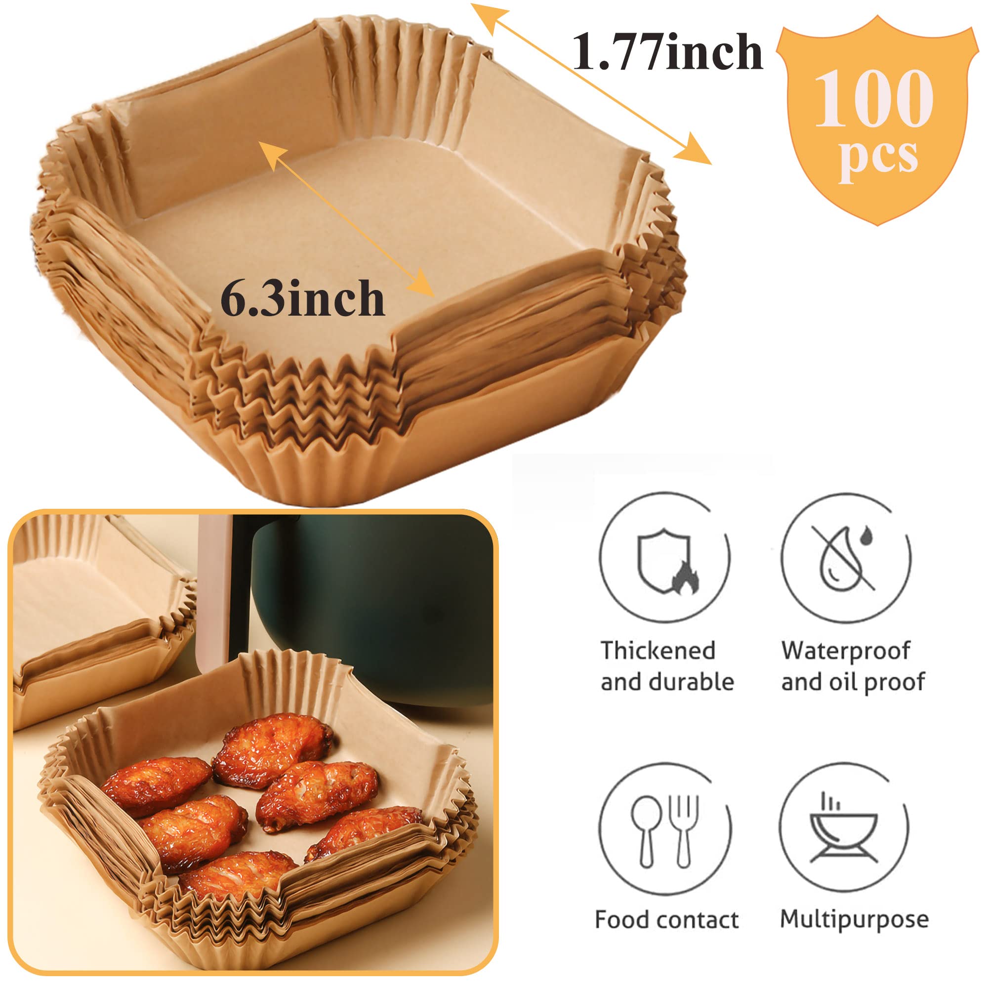 Air Fryer Disposable Paper, 100Pcs Parchment Paper Liners, Non-stick Cooking Paper, Oil Resistant, 6.3inch for 3-5Qt Air Fryer Baking Roasting Microwave (6.3IN-Square)