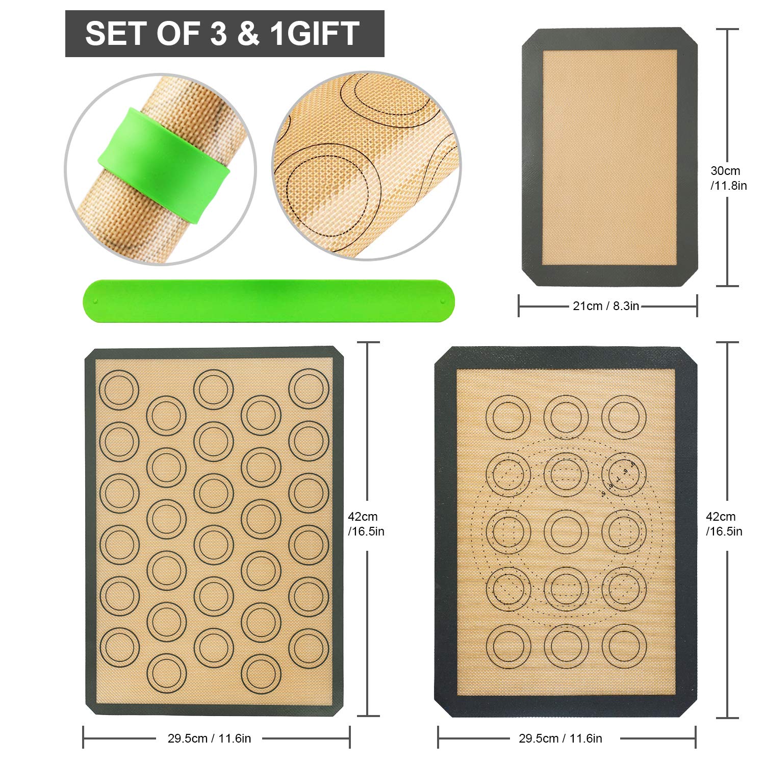 Silicone Baking Mats-Non Stick Cookie Sheet Macaron Mat Liner for Bake Pans & Rolling,Perfect Bakeware For Bread Making Pastry Cake Brioche Pizza Thick/BPA Free Set