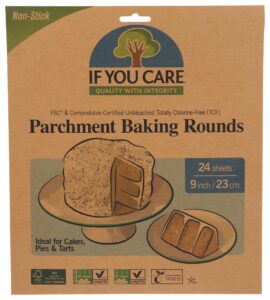 if you care parchment paper rounds for baking cakes, pies, tarts – pack of 24 circle liners - unbleached, chlorine free, greaseproof, silicone coated – 9 inch diameter