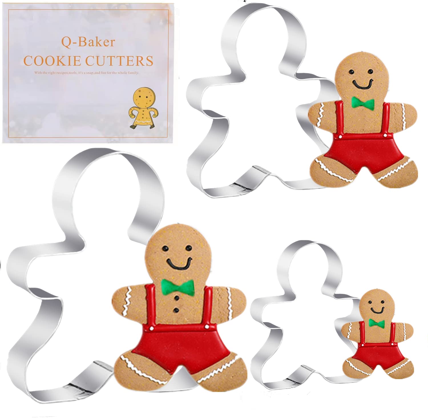 3PCS Gingerbread Man Cookie Cutters, 5.12" 4.34" 3.42" Large Christmas Cookie Cutters -Stainless Steel Holiday Cookie Cutters Shapes for Baking Gift