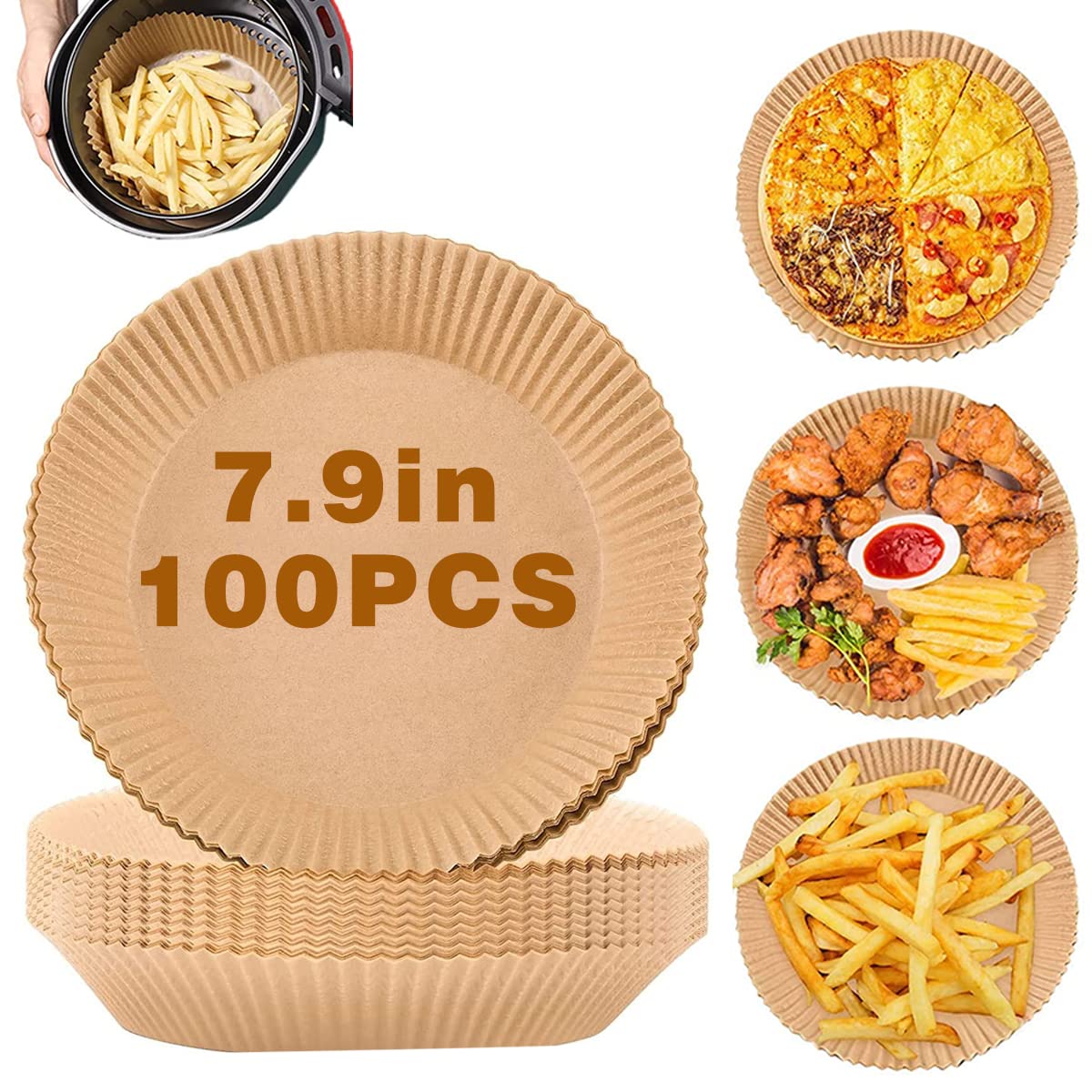 Air Fryer Disposable Parchment Paper Liner: 6.3 or 7.9 Inch 100PCS Round Unbleached Silicone Paper for 4QT to 10QT Airfryer Toaster Oven Basket (7.9Inch（100PCS）)