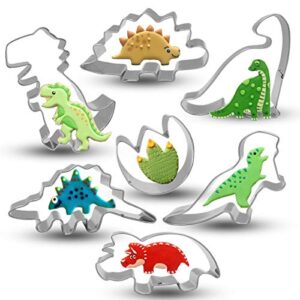 bonropin dinosaur cookie cutters set - 7 piece stainless steel cutters molds cutters for making t-rex, stegosaurus, brontosaurus, triceratops, tyrannosaurus, spinosaurus, dinosaur footprint