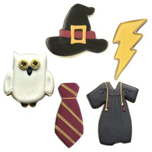 Witchcraft and Wizardry Cookie Cutters 5-Pc. Set Made in the USA by Ann Clark, Owl, Lightning Bolt, Witch's Hat, Robe, and Scarf