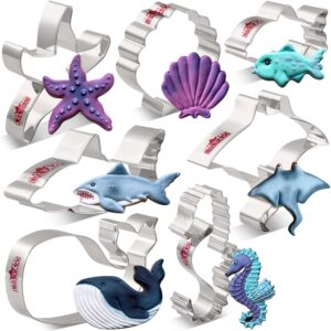 liliao under the sea cookie cutter set - 7 piece - shark, whale, fish, manta, starfish, shell and seahorse biscuit fondant cutters - stainless steel