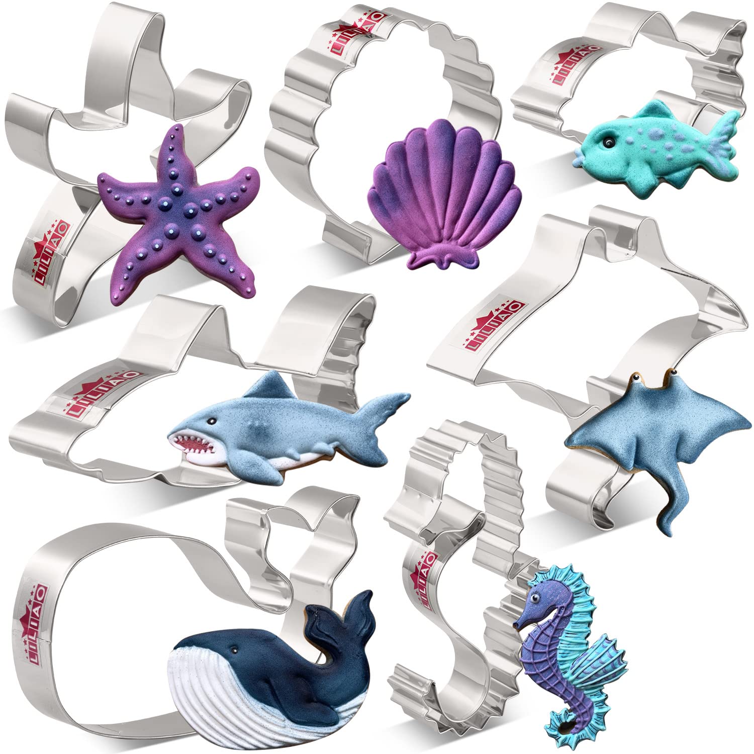 LILIAO Under The Sea Cookie Cutter Set - 7 Piece - Shark, Whale, Fish, Manta, Starfish, Shell and Seahorse Biscuit Fondant Cutters - Stainless Steel