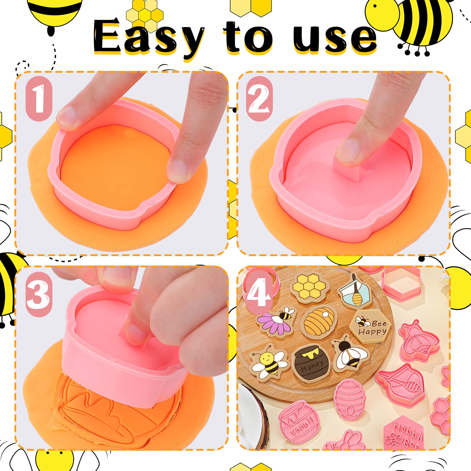 8 Pcs Insect Cookie Cutters with Plunger Stamps Set 3D Butterfly Bee Shape Biscuit Cutter Funny Cartoon Cookie Stamps Embossed Cookie Cutters for Treats DIY Baking Cookie Supplies (Bee Theme)