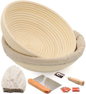 10" round banneton bread proofing basket 2 set, sourdough proofing bowl kit, gifts for artisan bread making starter, includes linen liner, metal dough scraper, bread lame & case, extra blades