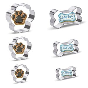dog cookie cutters shapes for treats - 6 piece dog bone and paw print shaped cookie cutter set biscuit molds for kids small dogs homemade treats baking - stainless steel