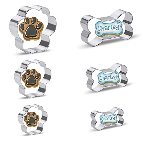 Dog Cookie Cutters Shapes for Treats - 6 Piece Dog Bone and Paw Print Shaped Cookie Cutter Set Biscuit Molds for Kids Small Dogs Homemade Treats Baking - Stainless Steel