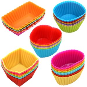 silicone cupcake liners 30 pack, reusable bento box inserts small muffin cups, 5 shapes 6 color baking cups for cakes, jelly,chocolate shell-lined dessert and lunch-boxes snacks separator