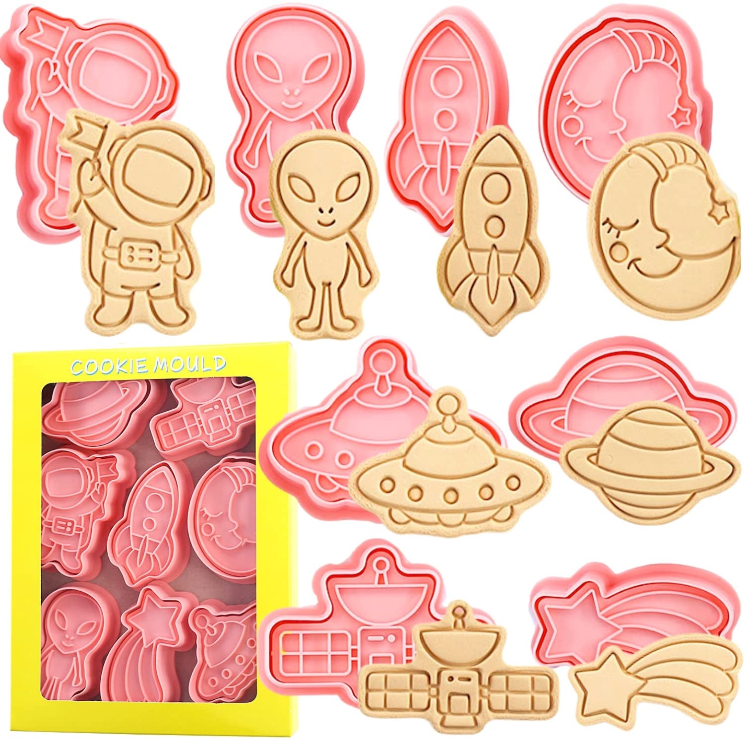 Crethinkaty Space Cookie Cutter-8 Plastic Cookie Stamp-Space Cartoon Fun Cookie Cutter Set, Children's Baking Set.