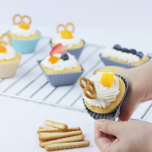 36Pack Silicone Cupcake Liners, Reusable Baking Muffin Cups, Food-Grade Silicone Mold Bento Lunch Box Divider for Kids-Round,Square,Rectangle,BPA Free, Neutral Color-White Beige Green Blue Grey)