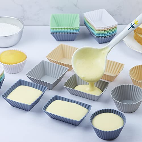 36Pack Silicone Cupcake Liners, Reusable Baking Muffin Cups, Food-Grade Silicone Mold Bento Lunch Box Divider for Kids-Round,Square,Rectangle,BPA Free, Neutral Color-White Beige Green Blue Grey)
