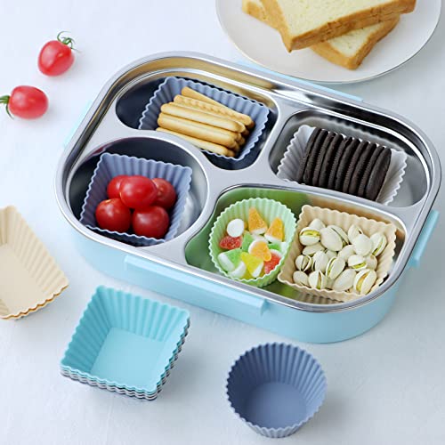 36Pack Silicone Cupcake Liners, Reusable Baking Muffin Cups, Food-Grade Silicone Mold Bento Lunch Box Divider for Kids-Round,Square,Rectangle,BPA Free, Neutral Color-White Beige Green Blue Grey)