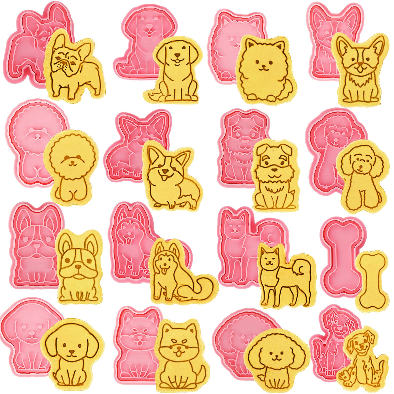 16 Pcs Dog Cookie Cutters with Plunger Stamps Set 3D Puppy Bone Shape Biscuit Cutter Funny Cartoon Cookie Stamps Stamped Embossed Dog Cookie Cutters for Treats DIY Cookie Cake Baking Supplies