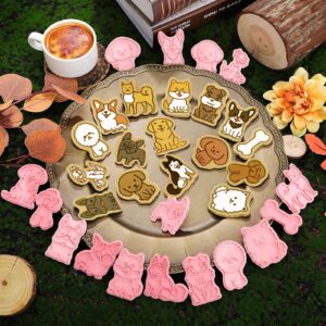 16 Pcs Dog Cookie Cutters with Plunger Stamps Set 3D Puppy Bone Shape Biscuit Cutter Funny Cartoon Cookie Stamps Stamped Embossed Dog Cookie Cutters for Treats DIY Cookie Cake Baking Supplies