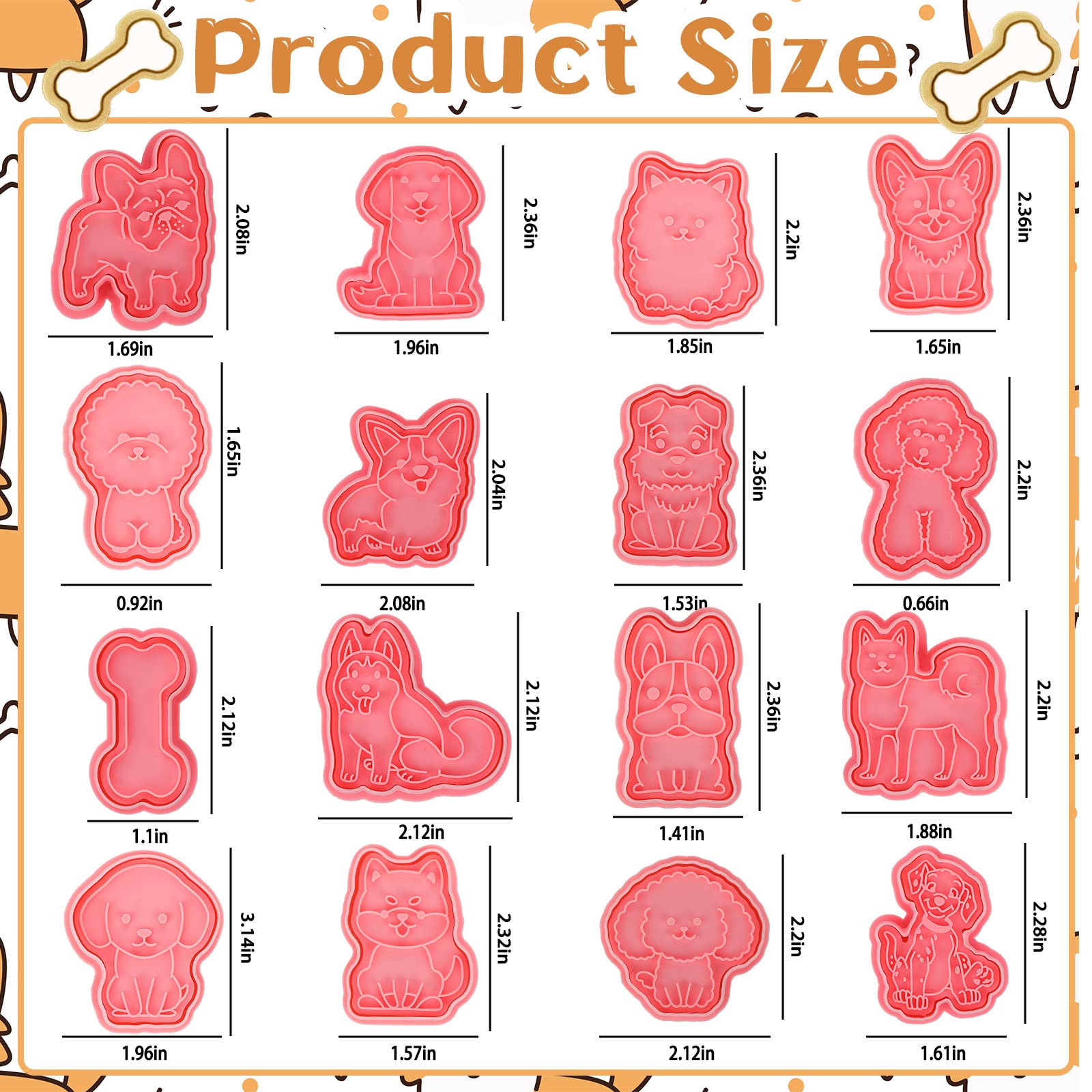 16 Pcs Dog Cookie Cutters with Plunger Stamps Set 3D Puppy Bone Shape Biscuit Cutter Funny Cartoon Cookie Stamps Stamped Embossed Dog Cookie Cutters for Treats DIY Cookie Cake Baking Supplies