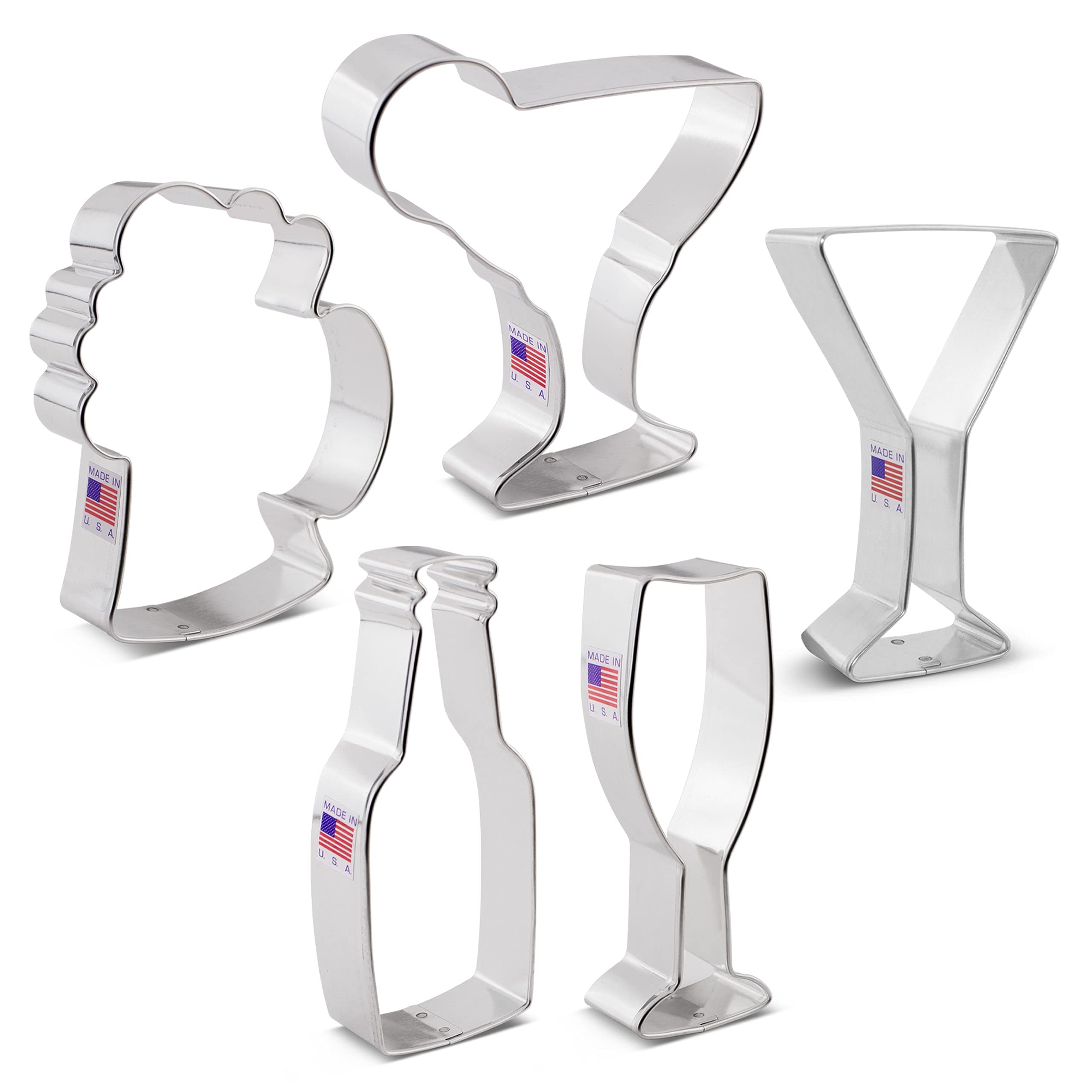 Drinks and Cocktails Cookie Cutters 5-Pc. Set Made in the USA by Ann Clark, Beer Bottle, Beer Stein, Margarita Glass, Champagne Glass, and Martini Glass