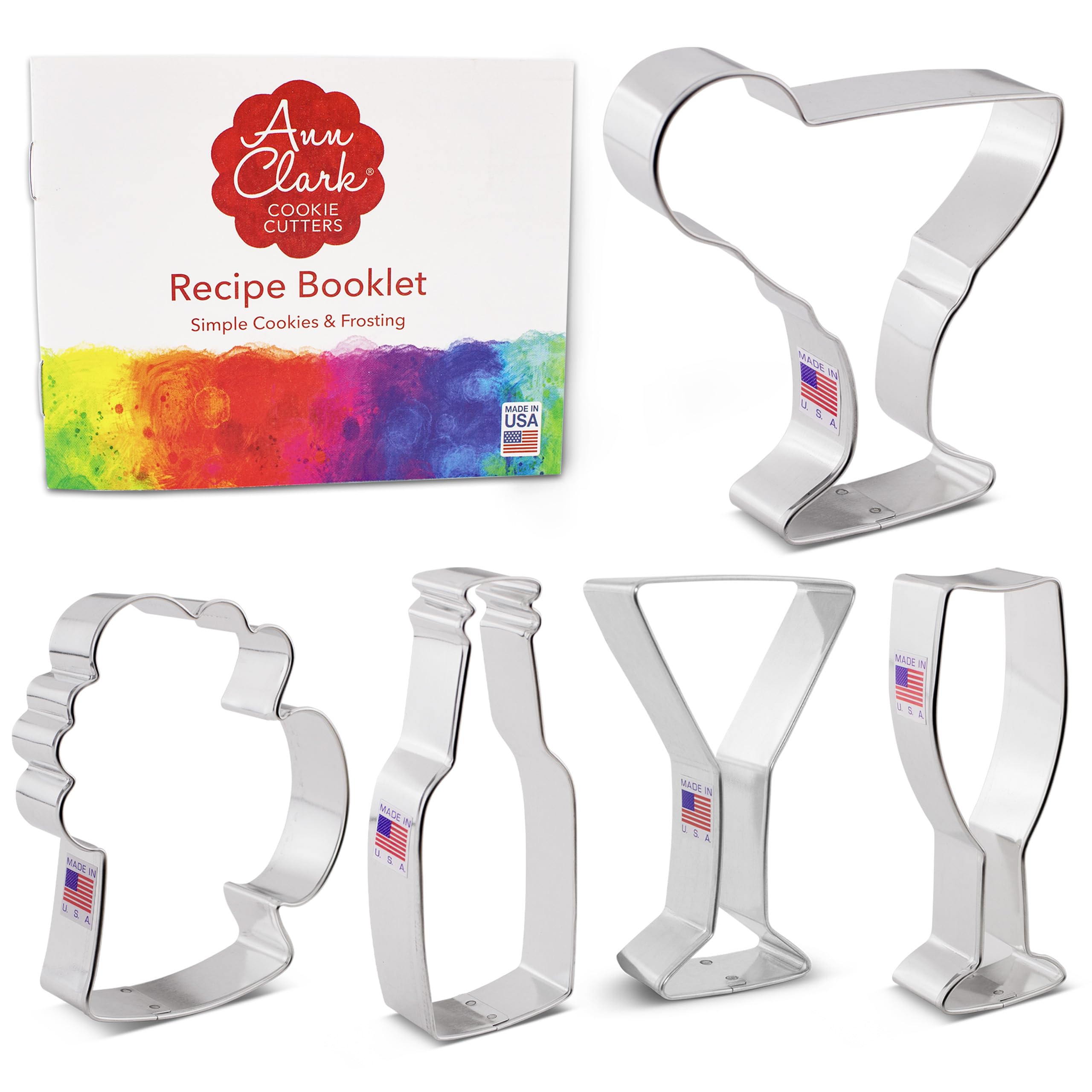 Drinks and Cocktails Cookie Cutters 5-Pc. Set Made in the USA by Ann Clark, Beer Bottle, Beer Stein, Margarita Glass, Champagne Glass, and Martini Glass