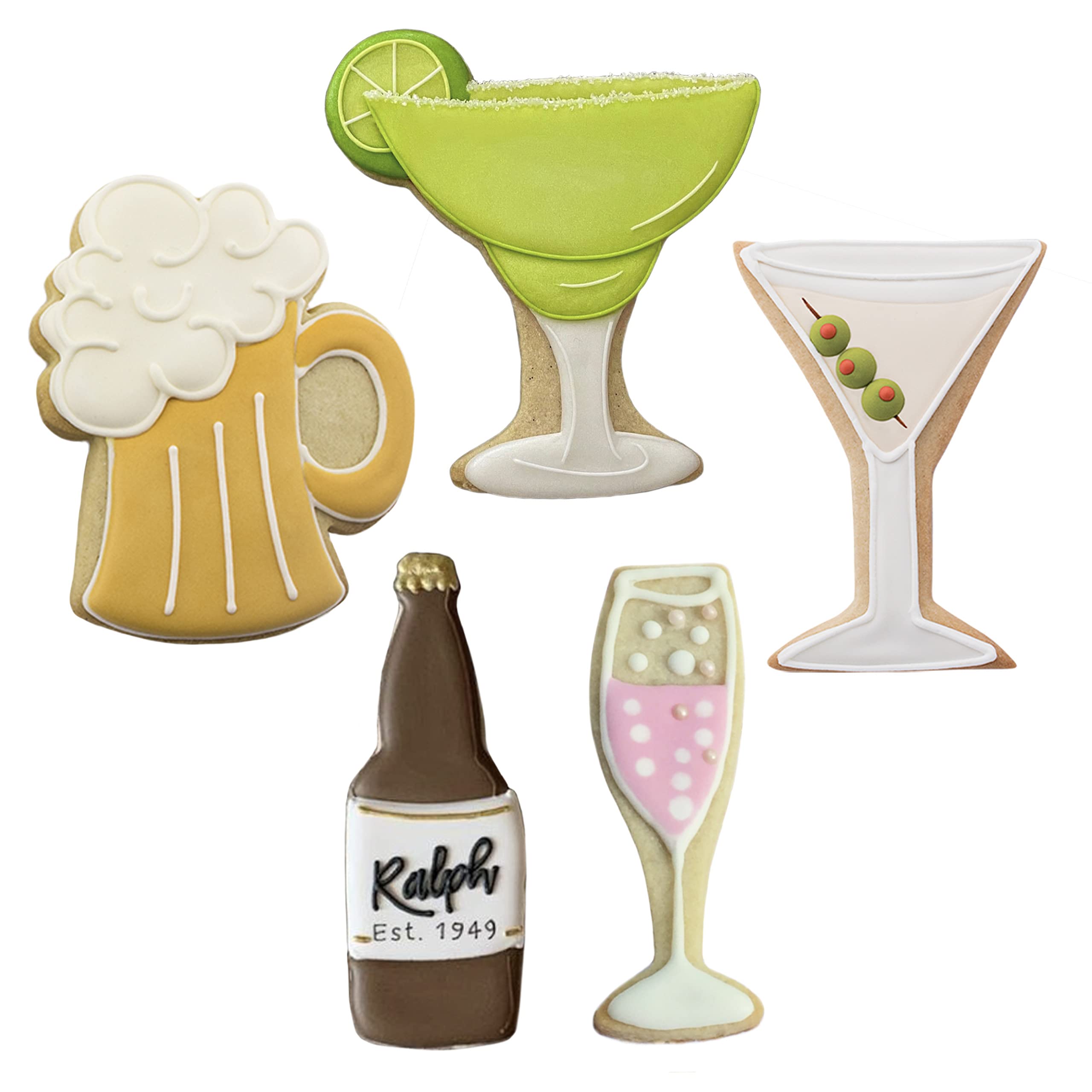 Drinks and Cocktails Cookie Cutters 5-Pc. Set Made in the USA by Ann Clark, Beer Bottle, Beer Stein, Margarita Glass, Champagne Glass, and Martini Glass